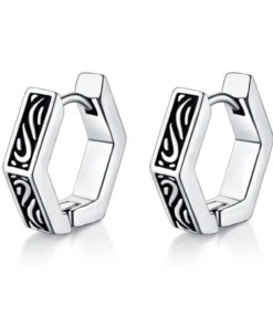 Designed Hexagon Shape Hoop Pierced Earrings (11mm)